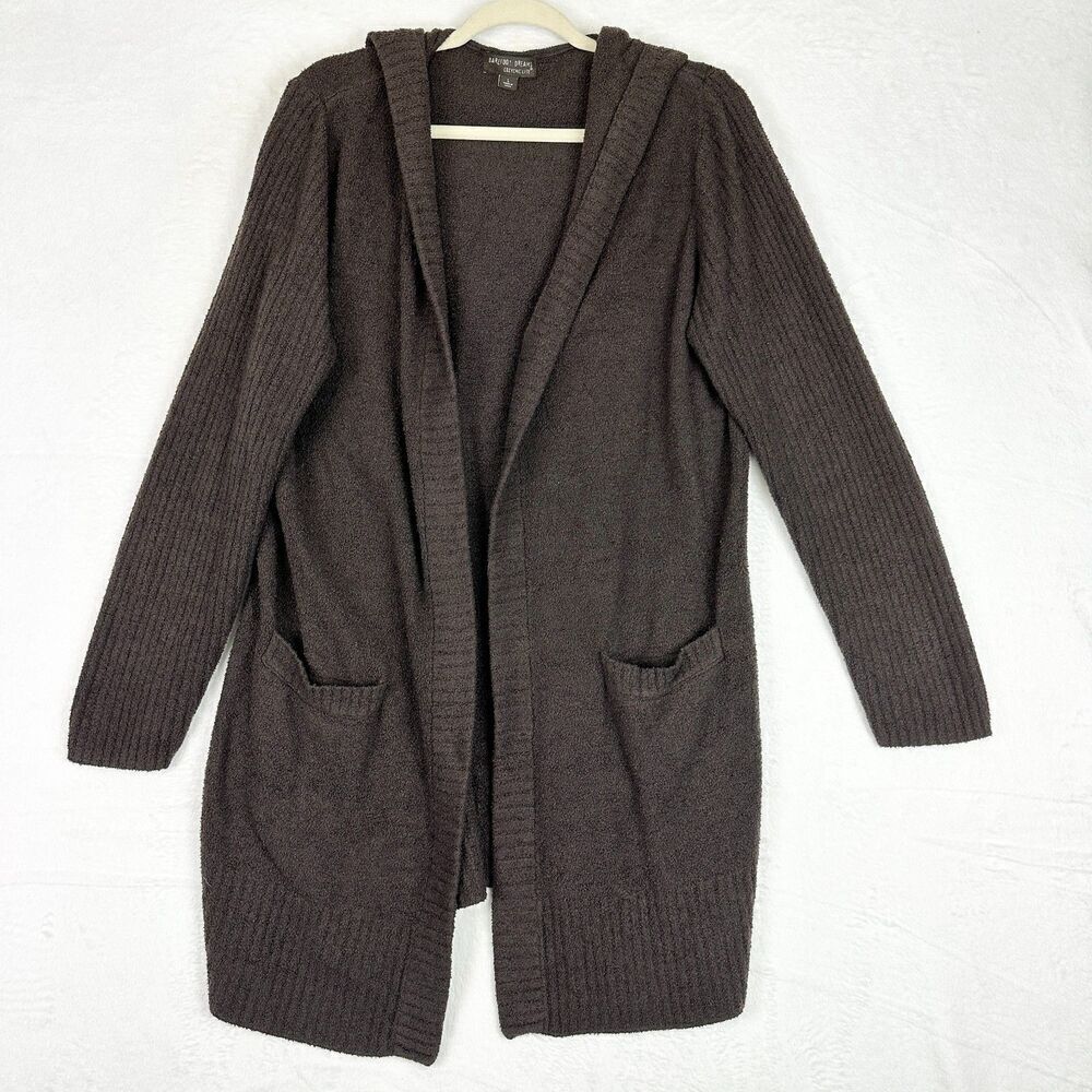 Barefoot Dreams Cozychic Lite Hooded Cardigan Size Large Brown Pockets